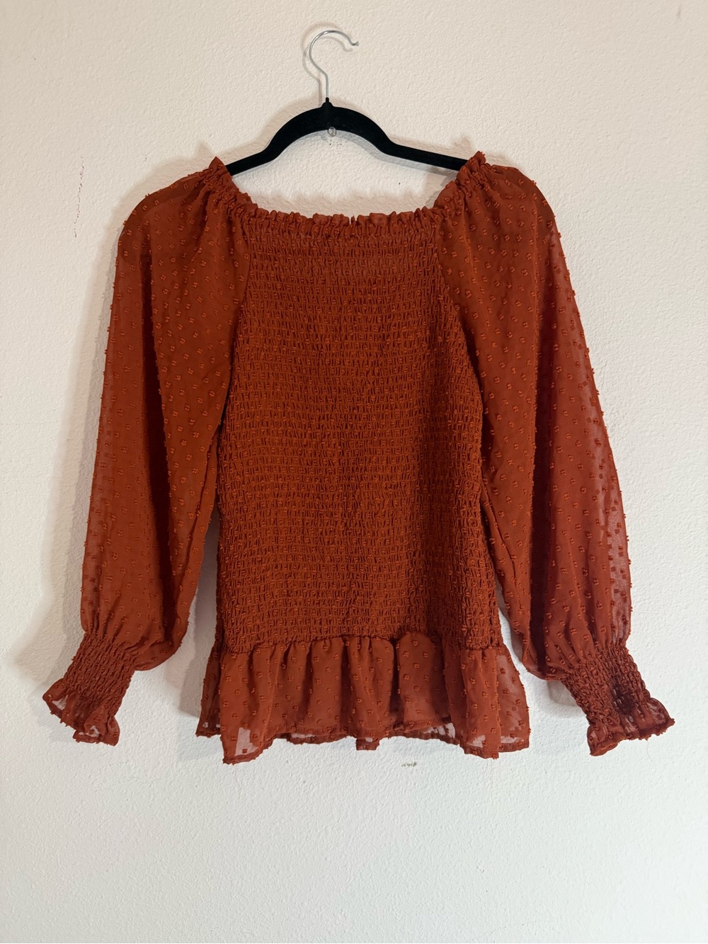 Indigo Poppy Rust Orange Smocked Swiss Dot Peasant Blouse Boho Top Size L - Picture 5 of 5